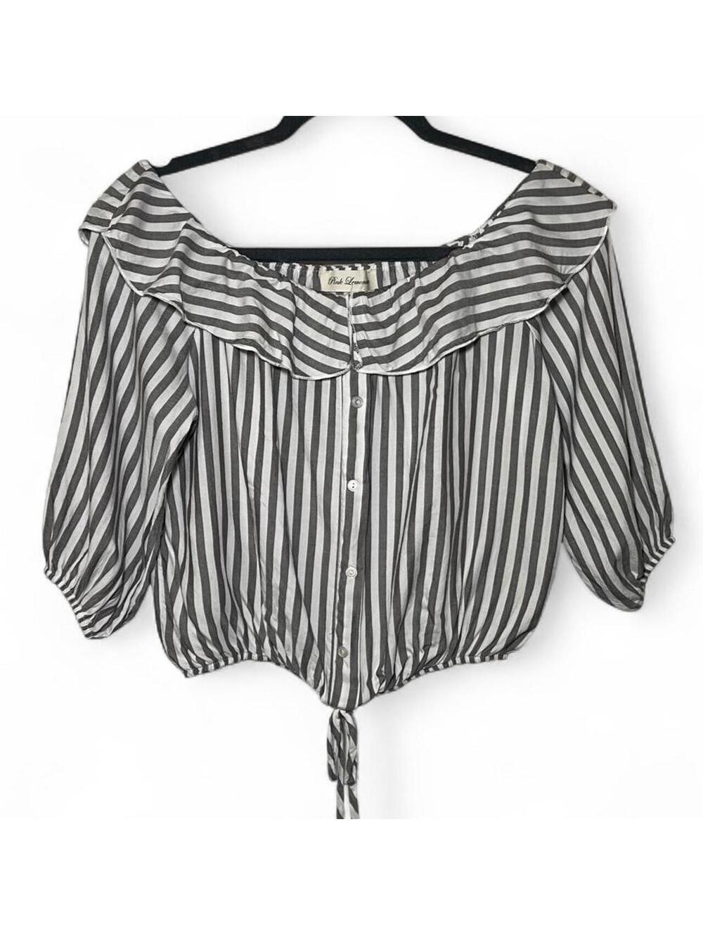 Pink Lemonade white and gray striped off the shoulder blouse with ruffle detail